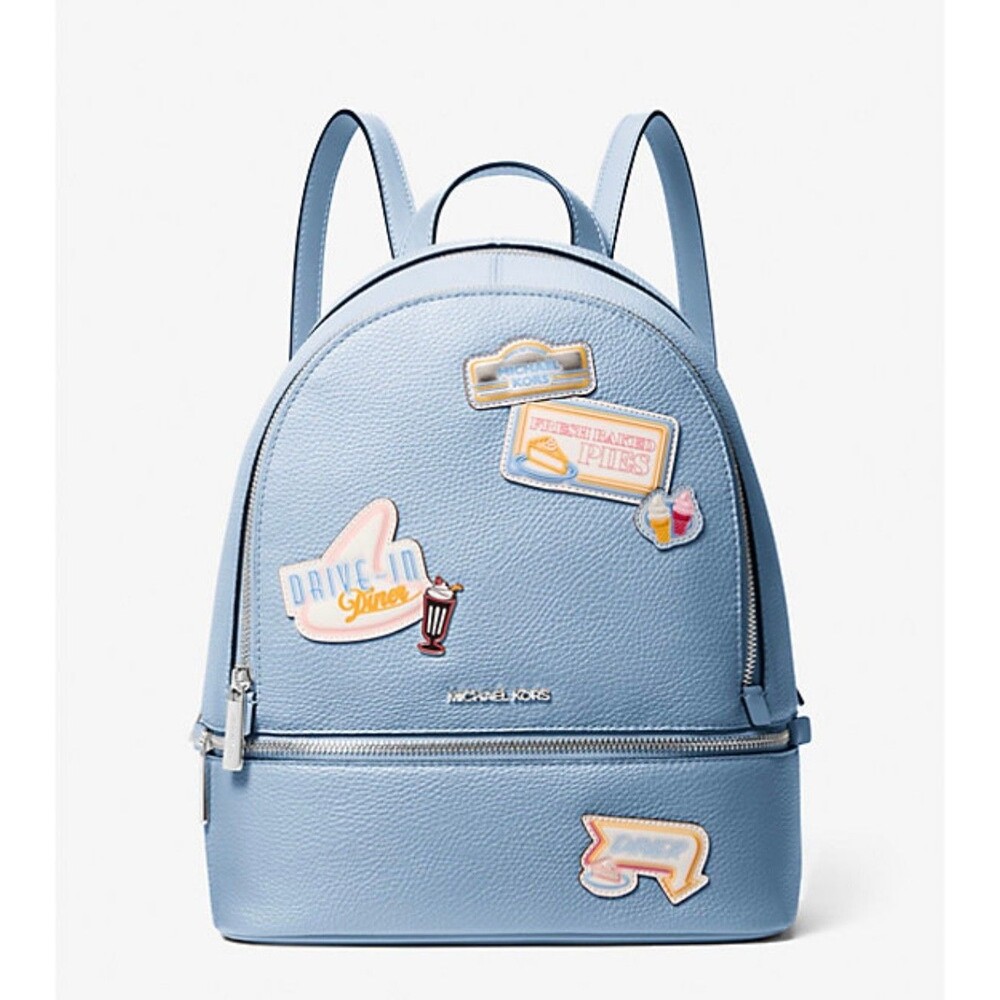 NWT Michael Kors Rhea Women Medium Embellished Zip Pocket Backpack Bag Light Sky